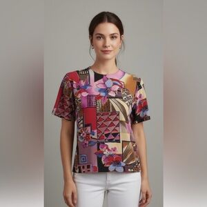 Vintage 90s Diversity Abstract Floral Print Short Sleeve Blouse Sz S